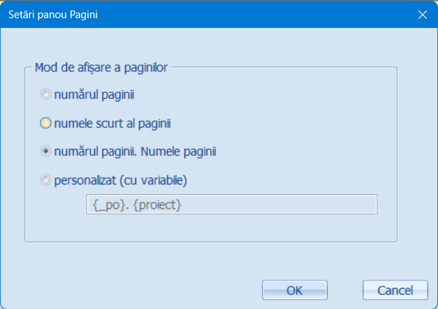 Setările panoului Pagini